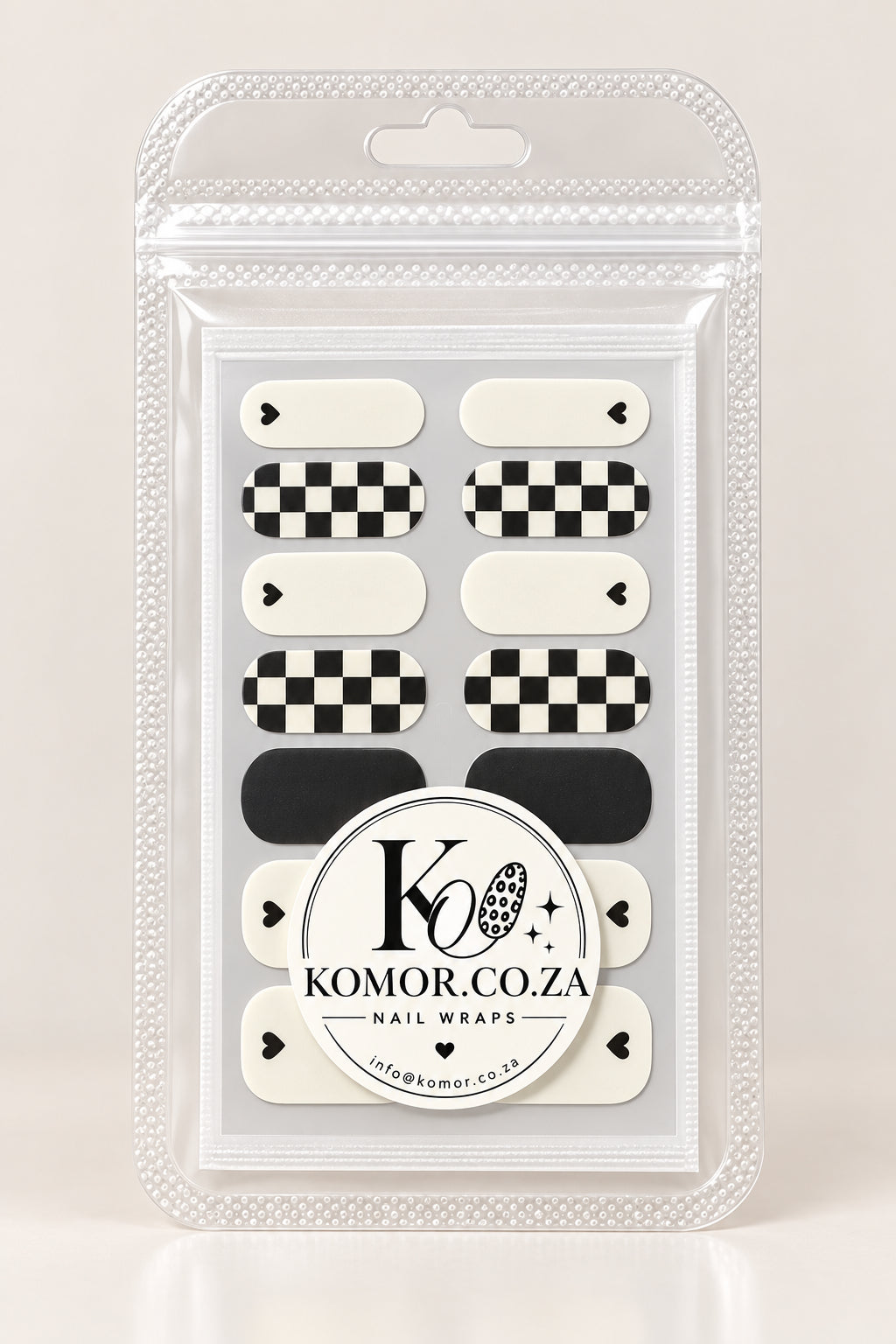 Nail wrap set Black and white Check hearts